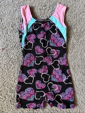 Jacques Moret Girls Heart-Pattern Leotard in Black, Pink & Aqua